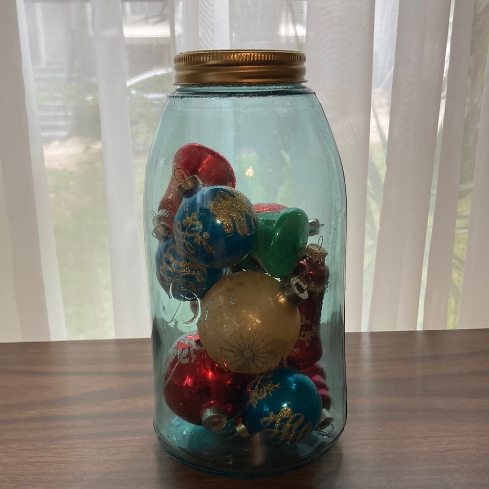 Vintage BALL mason jar with ornaments